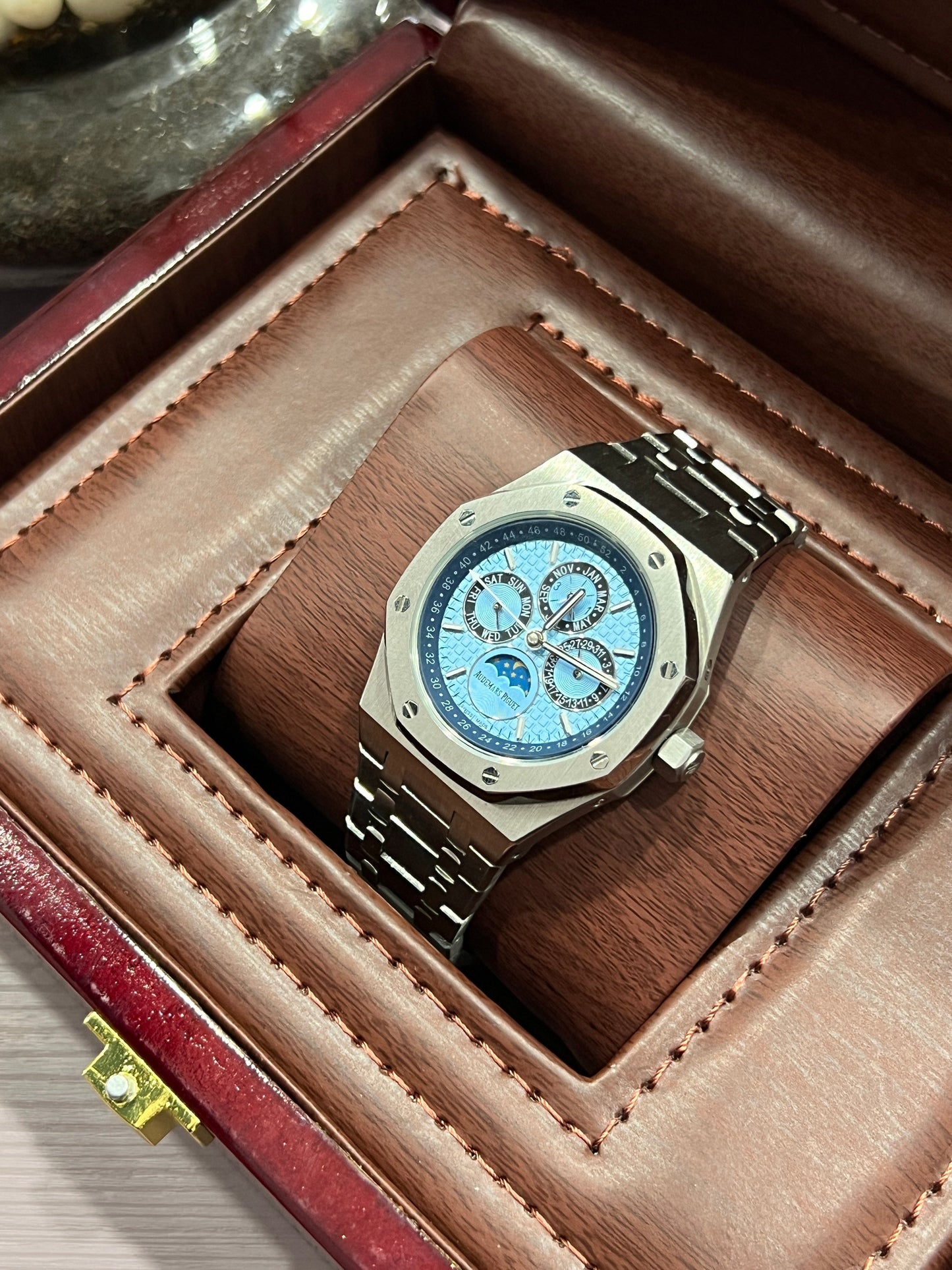 Perpetual Calendar Open Worked Silver Black Dial Automatic Mens Watch